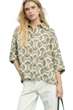 Umgee Printed Button-Down Blouse Shirt with Three-Quarter Sleeves