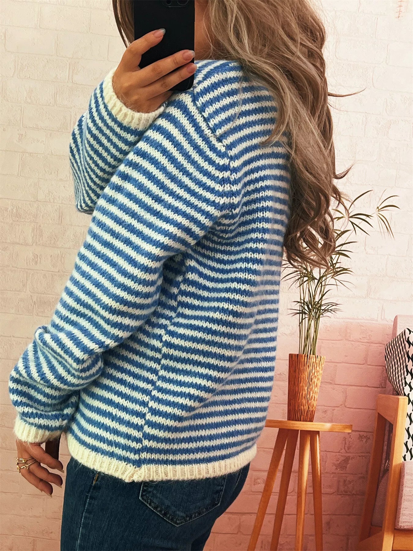 Women's Sweater Striped Button Detail Long Sleeve Pullover 324238813ec243c78b21886bce04df76-Max-Origin Trendsi