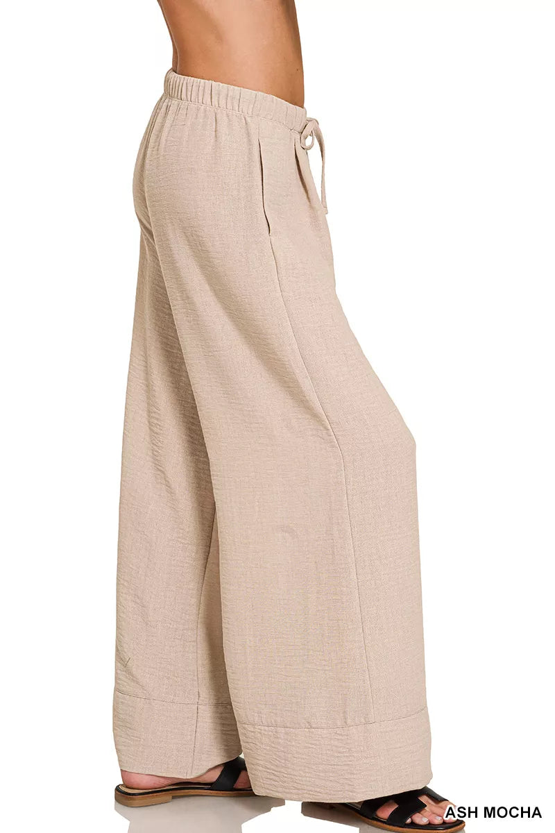 Zenana Woven Pants Ash Mocha Airflow Drawstring with Pockets 3242f0a0-8e8e-495e-a4a6-9cbc42293680-Max-Origin Trendsi