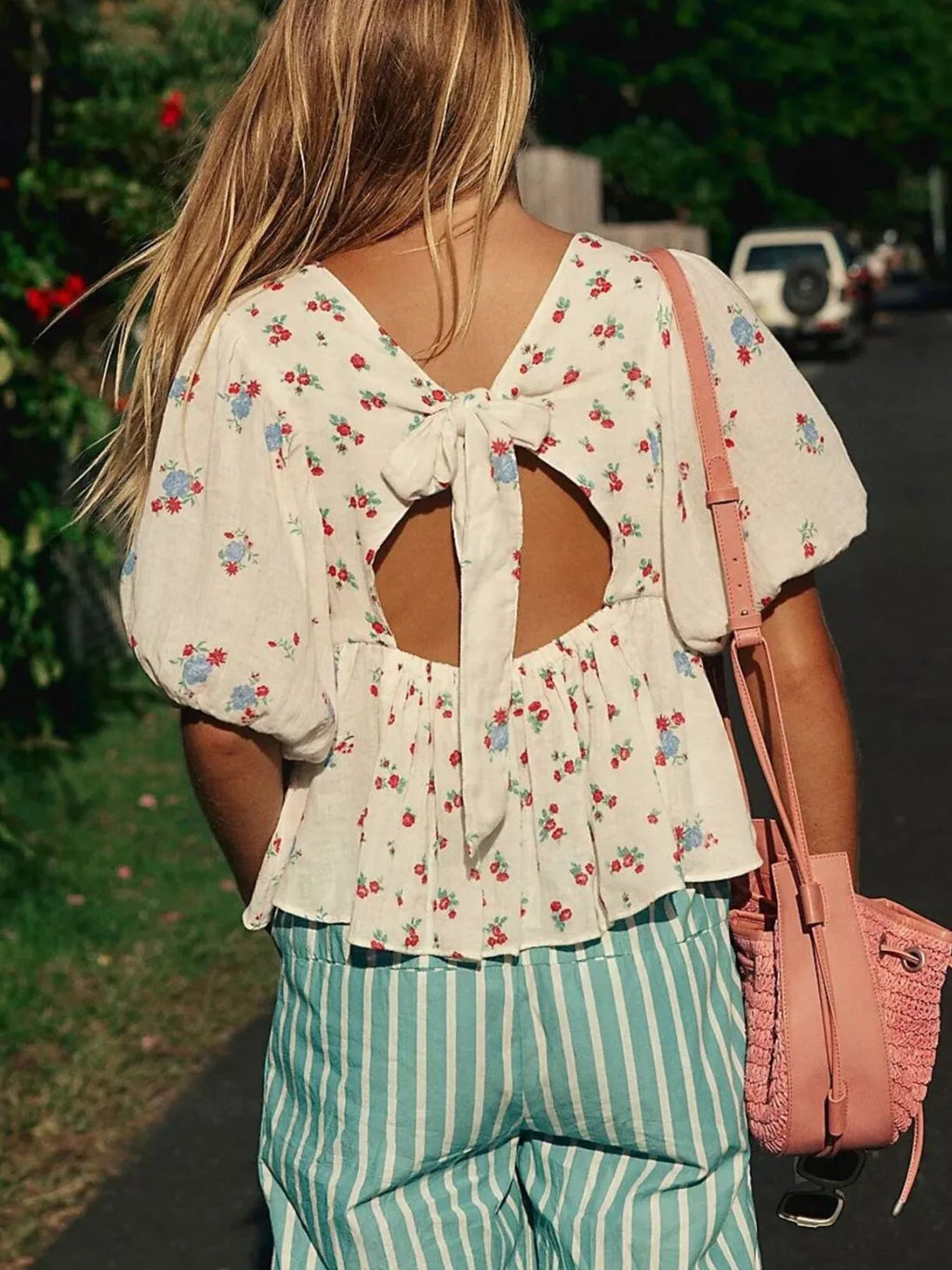 Women's Blouse Floral Puff Short Sleeve Bow Back Backless Top 32430594-38ee-4353-89dc-cd362444109a-Max-Origin Trendsi