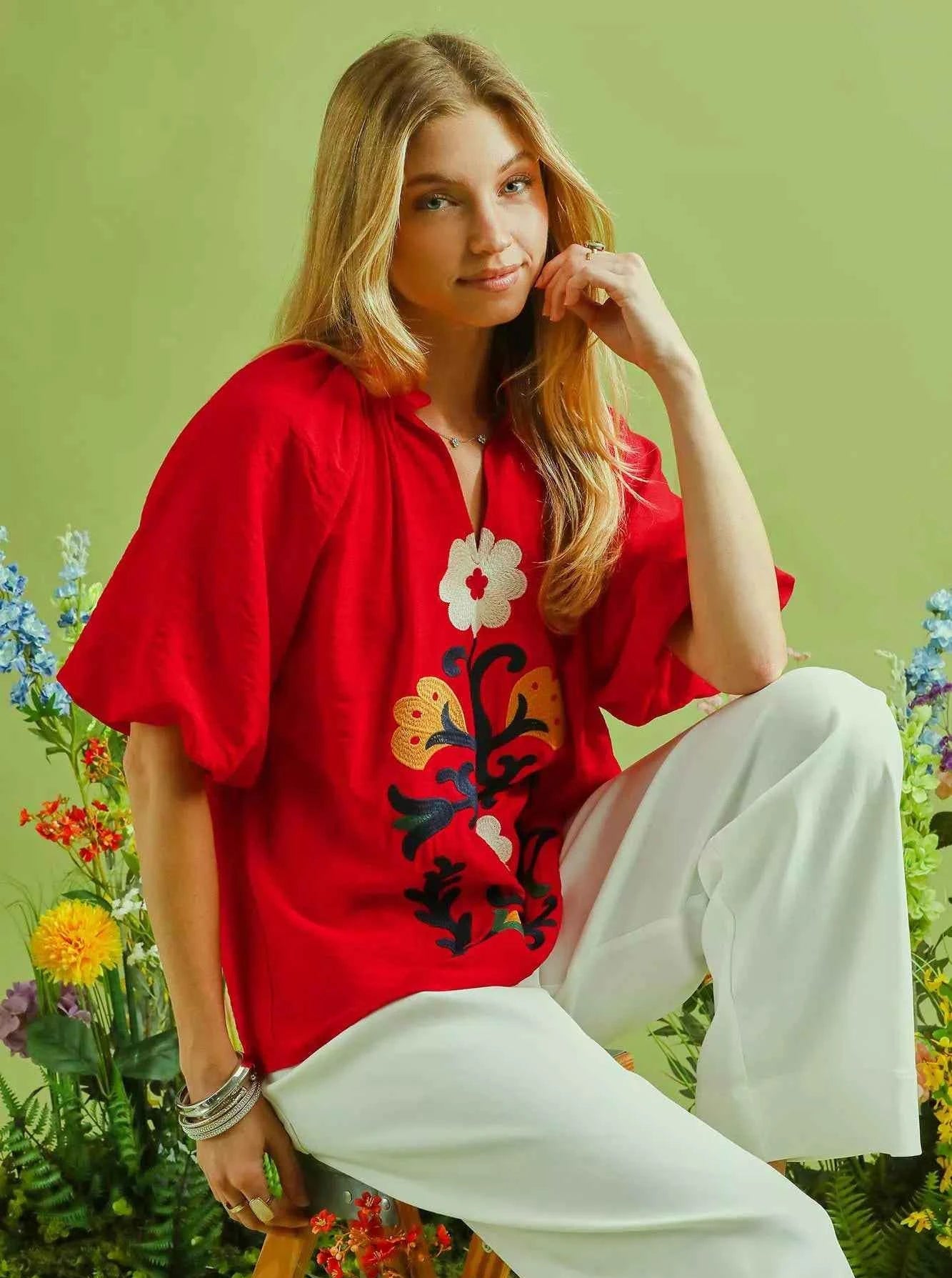 Umgee Blouse Red Embroidered Boho Puff Short Sleeve Top TOMATO 32483b8c-7f95-4a7b-88e4-b963e5875762-Max-Origin Trendsi