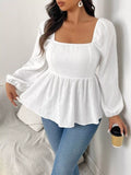 Plus Size Long Sleeve Peplum Blouse with Square Neck and Bow Detail