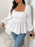 Plus Size Long Sleeve Peplum Blouse with Square Neck and Bow Detail