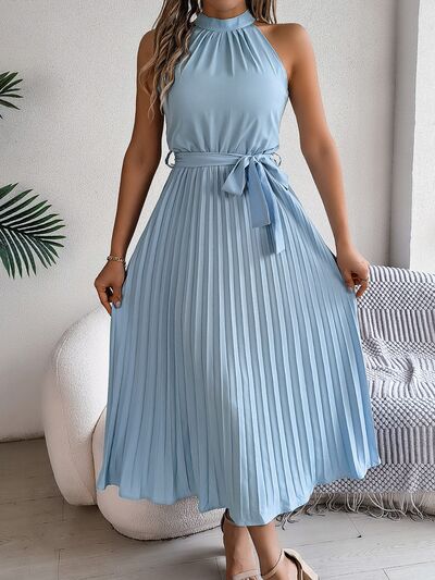 Pleated Midi Dress Grecian Neck Tie Waist Belted Halter Sleeveless 324bf42d-e1f7-4b59-8bbe-cb9e1b8a1cdd-Min Trendsi