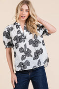 Lime 'N' Chili Blouse Floral Black Ivory Embroidered Split Neck Puff Sleeve IVORY BLACK 324eff37568c4d51a3199cd473a7730a-Max-Origin Trendsi
