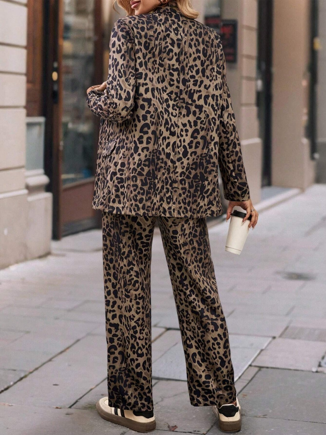 Leopard Lapel Outfit Suit Set Collar Long Sleeve Blazer and Pants Set 2 Pcs