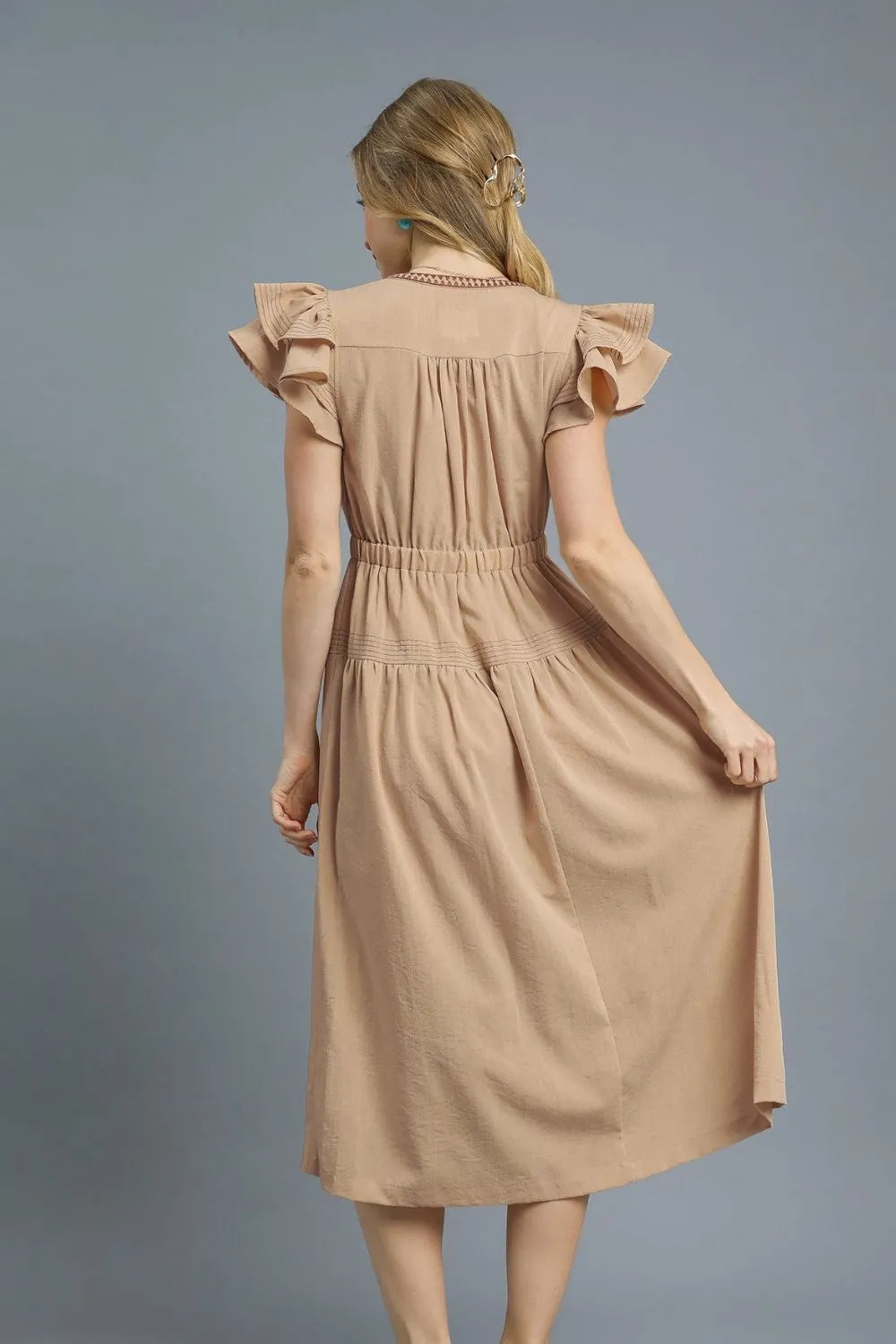 Umgee Midi Dress Tan Ruffled Cap Sleeve with Contrast Trim Detail 325bf0f3-fed9-456c-ab9b-894384835b3a-Max-Origin Trendsi