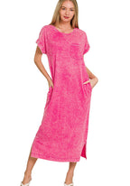 Zenana T-Shirt Dress Hot Pink Cotton Washed Exposed Seam Short Sleeve with Pockets
