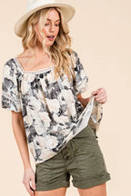 Lime 'N' Chili Blouse Black Floral Print Lace Trim Puff Short Sleeve 327c6542047444c1aa045866c286a2e5-Max-Origin Trendsi