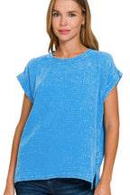 Zenana T-shirt Woven Double Gauze Deep Sky Acid Washed Short Sleeve Top 327d0d50-2173-4abc-8c2b-6bc4be83c42f-Max-Origin Trendsi