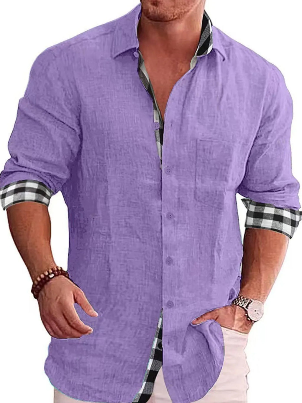 Men's Shirts Casual Cotton Blend Plaid-Trim Long Sleeve Lightweight Tops Lavender 3281ed2f-37d9-43aa-8c3d-761affea3c89-Max-Origin Trendsi