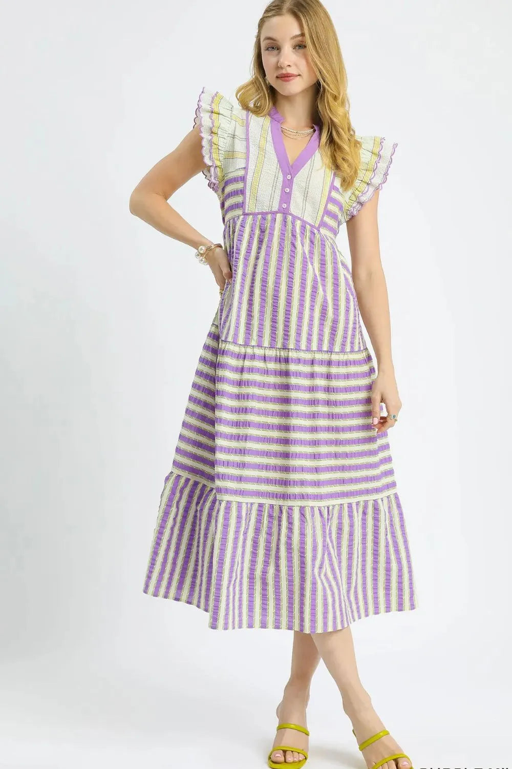 Umgee Midi Dress Cotton Purple Striped Ruffle Cap Short Sleeve Tiered Heliotrope Purple 32856fc9-b107-491a-82ec-be90db1f165b-Max-Origin Trendsi