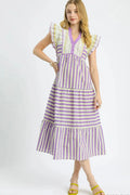Umgee Midi Dress Cotton Purple Striped Ruffle Cap Short Sleeve Tiered Heliotrope Purple 32856fc9-b107-491a-82ec-be90db1f165b-Max-Origin Trendsi