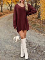 V-Neck Sweater Knit Dress Oversized Dropped Shoulder Sweater Dress 328602fc-77e7-4b8b-bb39-785e511465fd-Max Trendsi