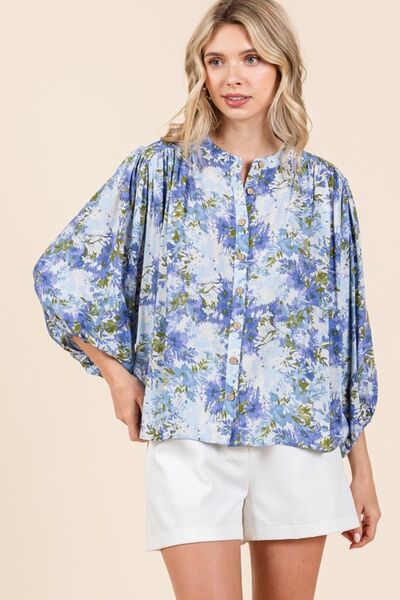 Mittoshop Blouse Blue Floral Print Linen Blend Batwing 3/4 Sleeve Top 3288ab43-019d-49bf-b73c-bbdbfae6133e-Min Trendsi