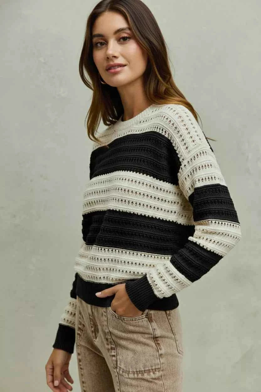 SO ME Textured Sweater Wide Stripe Cream Black Openwork Round Neck Top 328b0b65-8dfa-48bb-8aca-254b4c4435e1-Max-Origin Trendsi