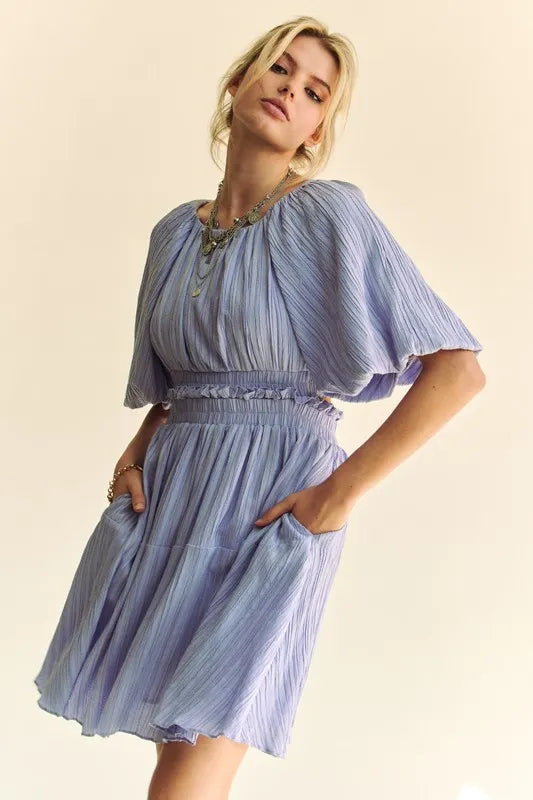 Davi & Dani Mini Dress Lavender Ruffle Puff Sleeve with Back Button 328be7f883b54910874dfdf832a6188d-Max-Origin Trendsi