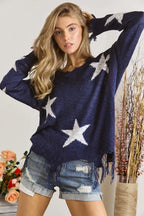 ADORA Knit Top Distressed Star Navy Raw Hem Fringe Long Sleeve 328efba494644d72869d45b1bf52db5a-Max-Origin Trendsi