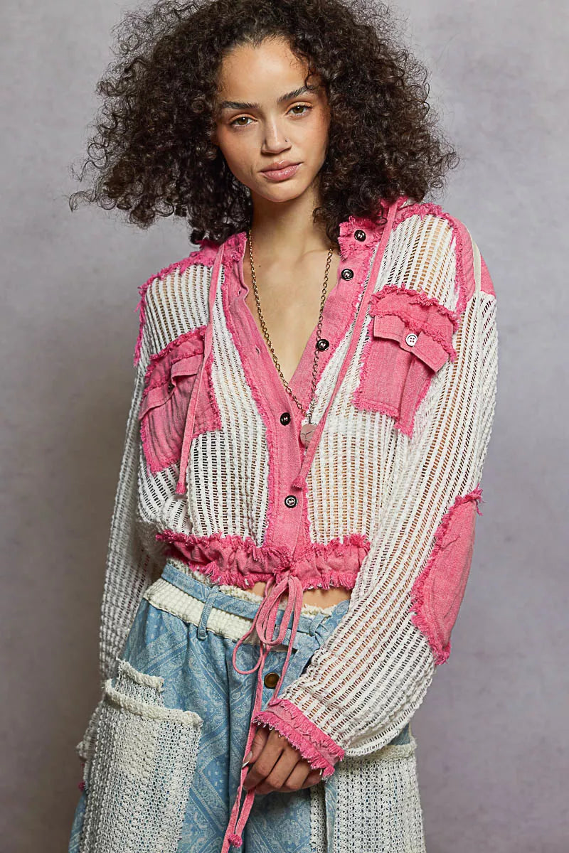 POL Womens Shirt Texture Woven Pink Mix Hooded Top with Drawstring Hem 3291ac6b-d08c-4d54-a937-a505f13b5c32-Max-Origin Trendsi