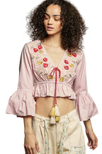 POL Floral Embroidered Cropped Blouse with Flared Ruffle Sleeves