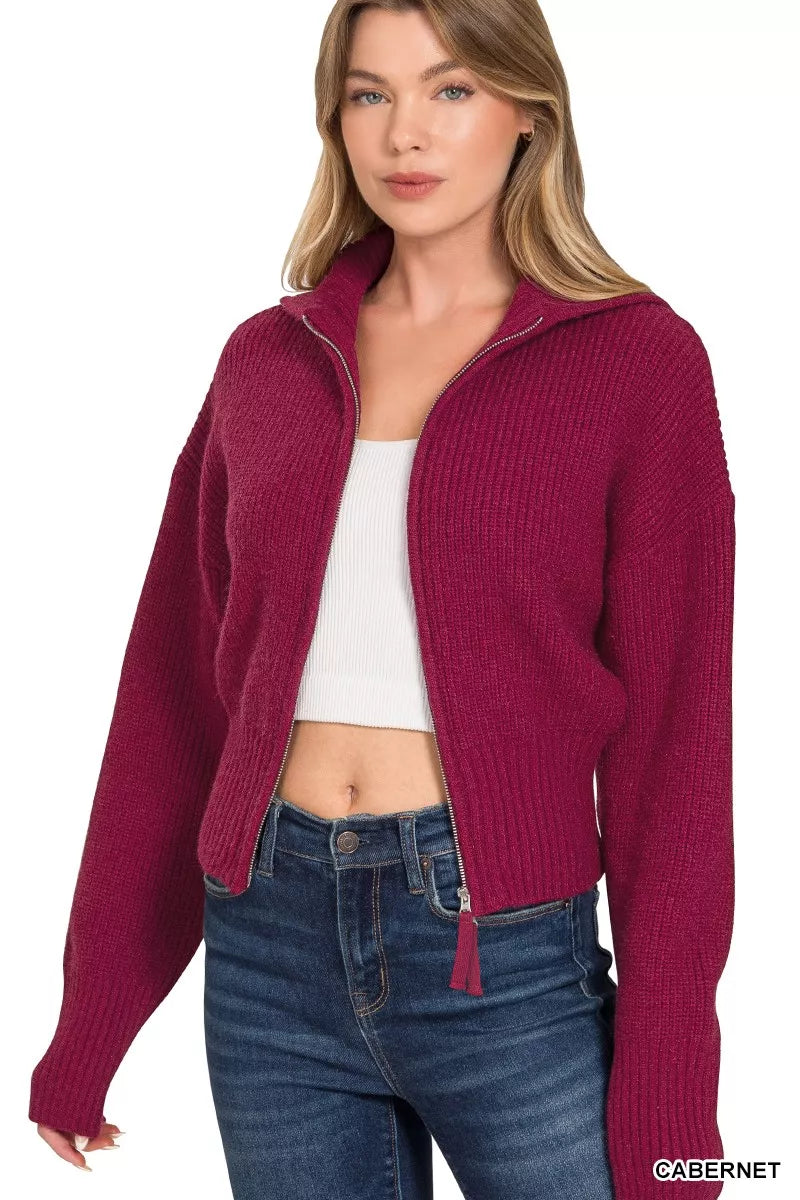 Zenana Womens Sweater Cardigan Zip Up Burgundy Ribbed Collared 329f4d50fb8b47d49ce2bbe8747235a3-Max-Origin Trendsi