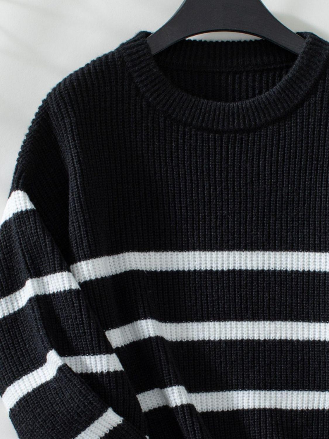 Striped Sweater Round Neck Dropped Shoulder Bell Long Sleeve