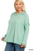 Zenana Women's Top Light Green Melange Hacci Exposed Seam Hi-low Tee 32adf150-80f0-4353-b3c9-7ff16285db8a-Max-Origin Trendsi