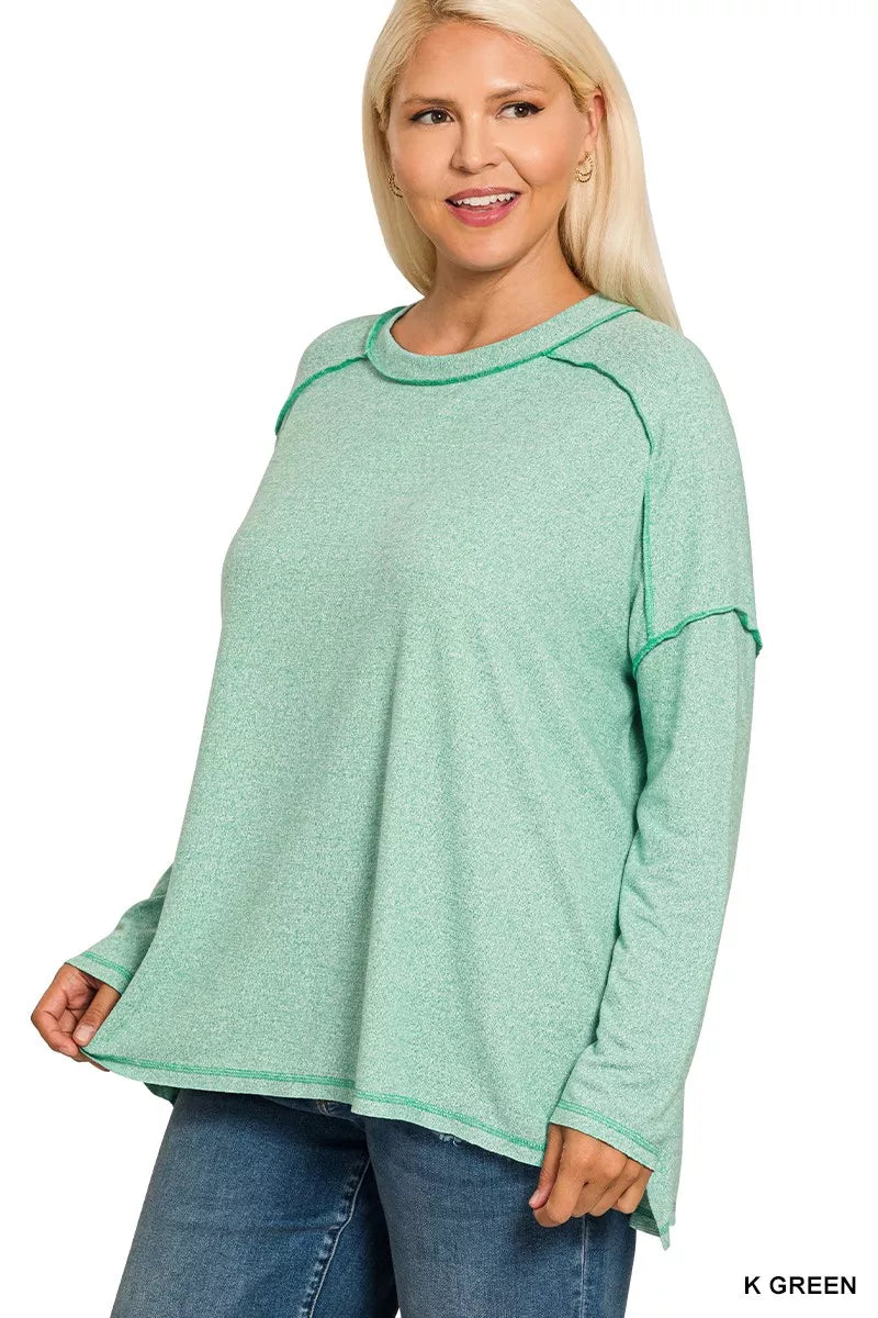 Zenana Women's Top Light Green Melange Hacci Exposed Seam Hi-low Tee 32adf150-80f0-4353-b3c9-7ff16285db8a-Max-Origin Trendsi