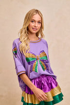BiBi Womens Blouse Lavender Sequin Patched Ribbon Mardi Gras Theme Top 32b681f8091543259f76d472dd3fa93b-Max-Origin Trendsi