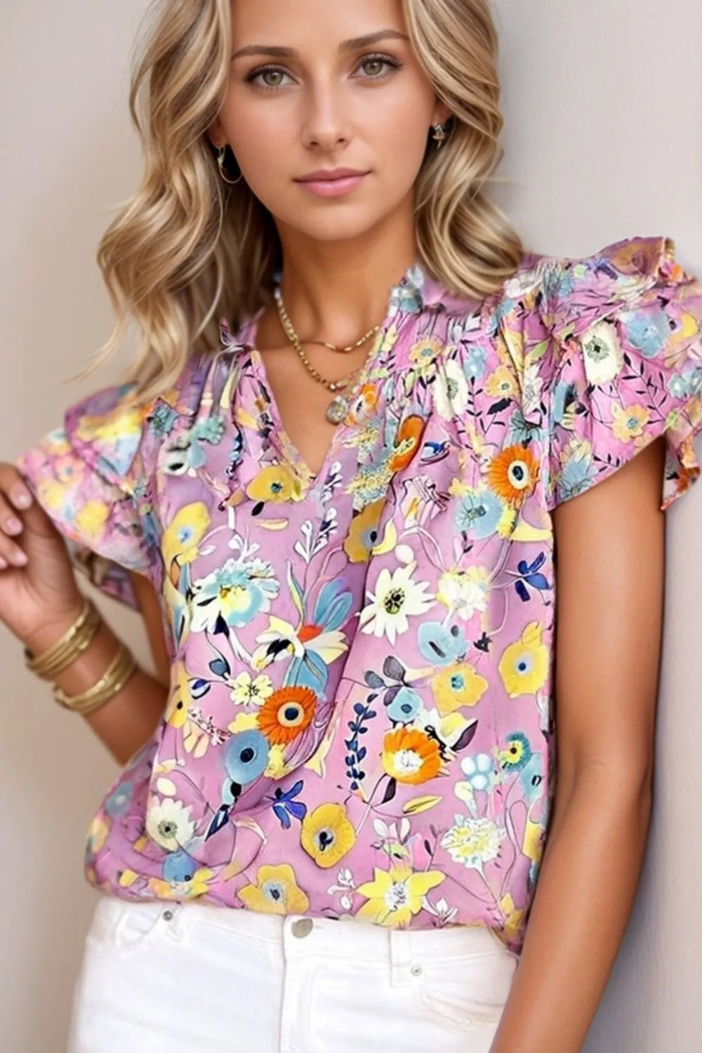 Floral Blouse Colorful Printed Notched Double Layered Ruffle Sleeve Top 32b9dc9c-3041-4248-af81-db47ac32f53c-Max-Origin Trendsi