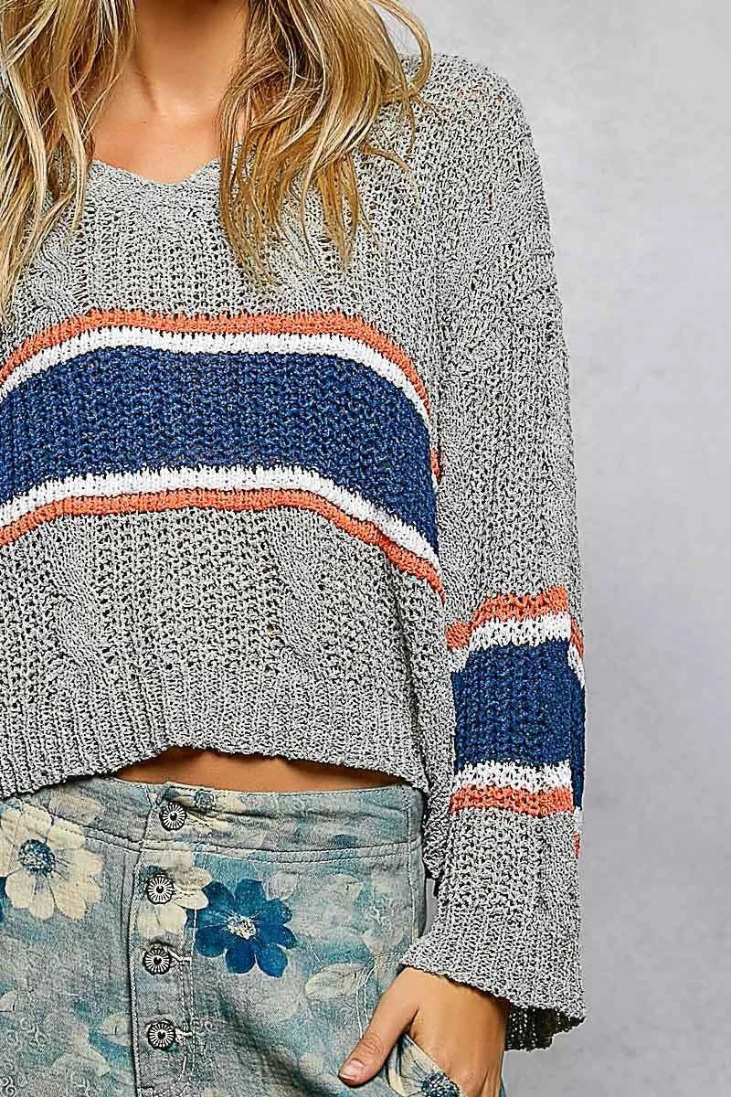 POL Sweater V-Neck Striped Pattern Cropped Knit Top with Cable Knit Detail 32c70672-fbf3-4807-98a7-703406600885-Max-Origin Trendsi