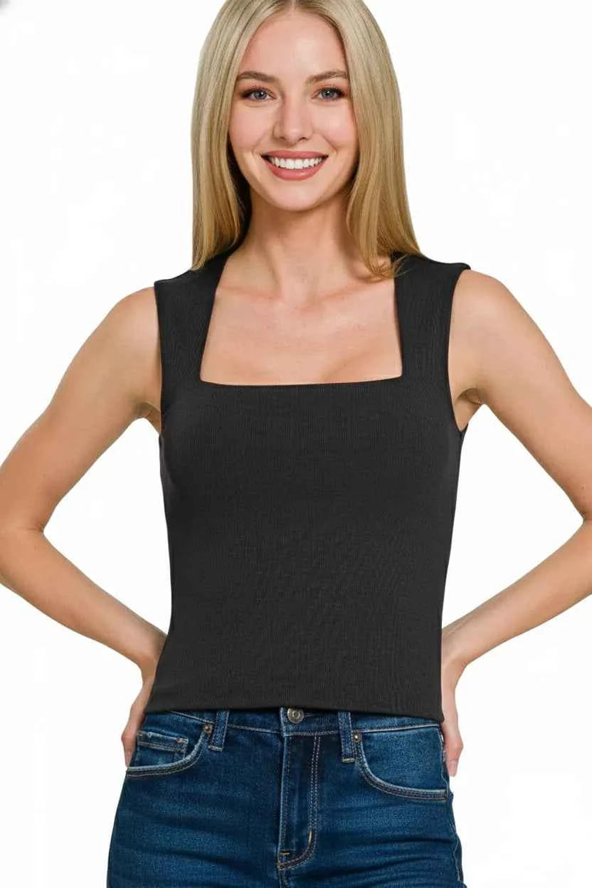 Zenana Tank Top Black Ribbed Seamless Double Layered Square Neck 32c8f16c-6247-40c4-822c-2153ba960419-Max-Origin Trendsi