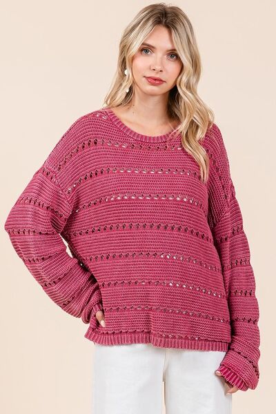 Mittoshop Openwork Sweater Round Neck Drop Shoulder Long Sleeve 32c9916b-4db9-4ffa-9847-111141a9133e-Min Trendsi