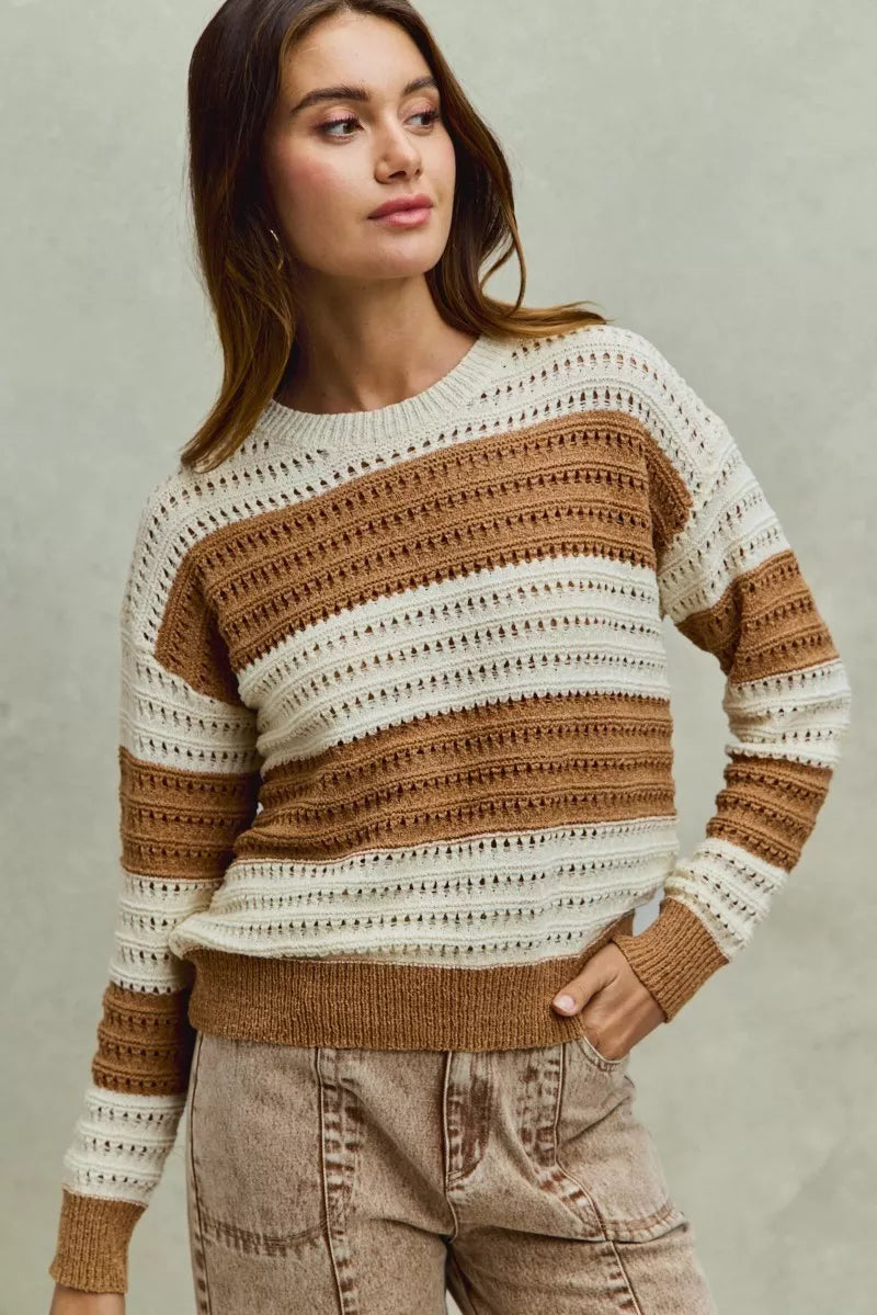 SO ME Women Sweater Openwork Textured Wide Stripe Cream Taupe Pullover 32cbbcf9be48478f80ef7d18efb42b7d-Max-Origin Trendsi