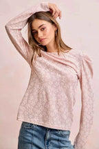 BiBi Women Blouse Textured Flower Knit Blush Pink Puff Shoulder Top Long Sleeve 32cc026b860e4857bb99803150ce1110-Max-Origin Trendsi