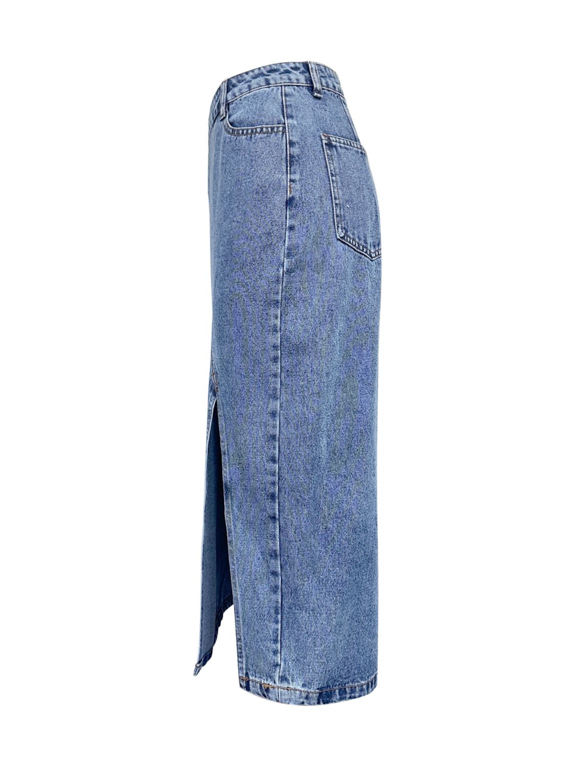 Midi Denim Skirt Front Slit Asymmetrical Waistband Blue Medium Wash Skirts