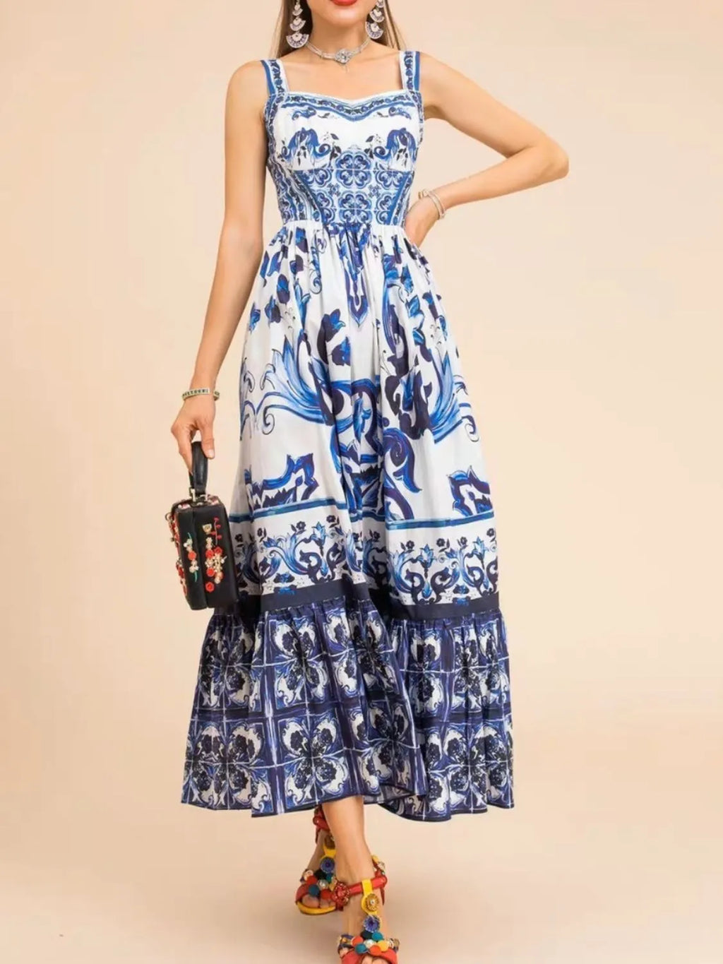 Midi Dress Smocked Printed Wide Strap Ruffled Zipper 32d3953f-9f89-4843-936e-93a81416bb47-Max-Origin Trendsi