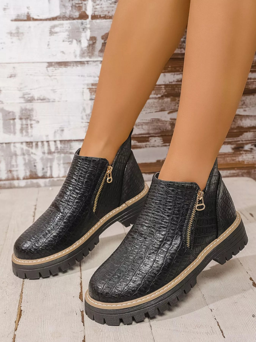 Women's Ankle Boots Pu Leather Textured Side Zip Round Toe Low Heels Shoes Black 32d81e9c-499f-48aa-85c7-1bccbc59bbf0-Max-Origin Trendsi