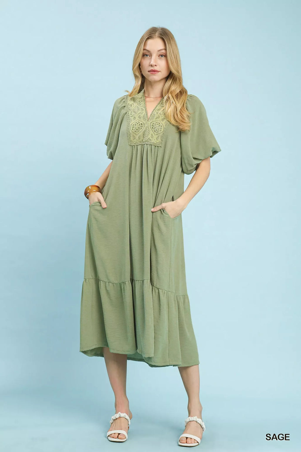 Umgee Midi Dress Sage Ruffled Puff Short Sleeve with V Neck Lace Detail 32d8cba7-ed3d-4885-b01b-01cc576aaffe-Max-Origin Trendsi