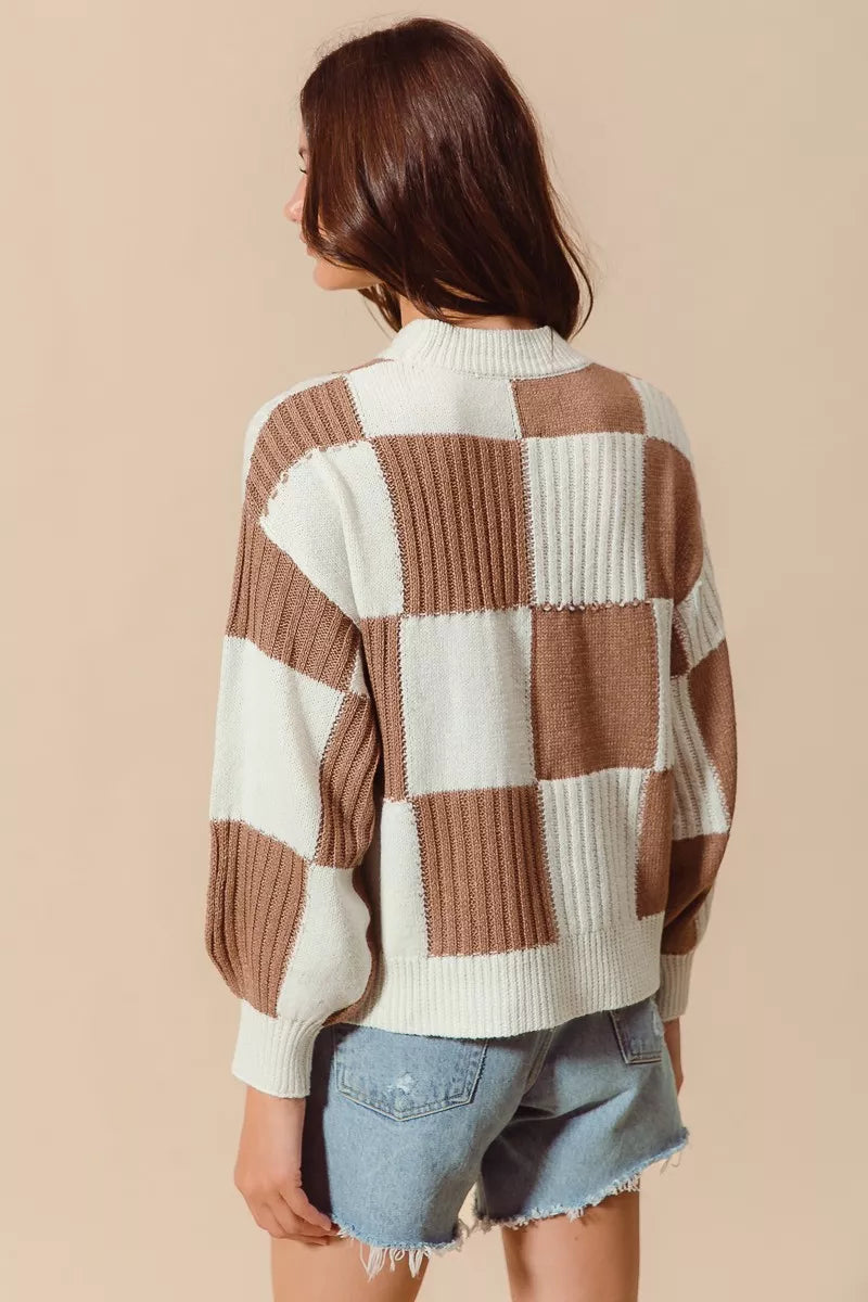 SO ME Ribbed Color Block Checkered Plaid Sweater 32d97cdb02f44135a348abe14a1aae33-Max-Origin Trendsi