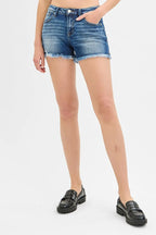 RISEN Denim Shorts Women's Low Rise Frayed Raw Hem Dark Wash 32e10ea4c89448c1b6c0add77ee18752-Max-Origin Trendsi