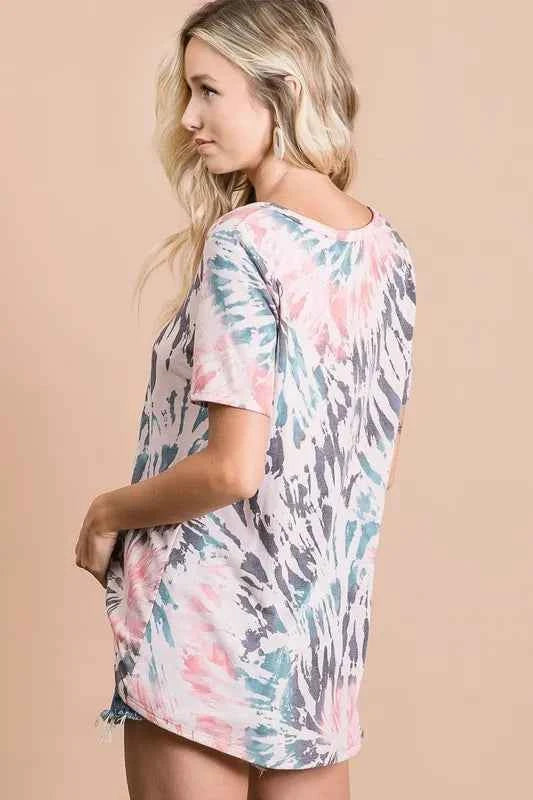 BiBi Women T-shirt Tie Dye Print Terry Deep U Neck Top Short Sleeve Top 32e175a65a73491d82fa7a8815195454-Max-Origin Trendsi