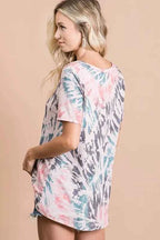 BiBi Women T-shirt Tie Dye Print Terry Deep U Neck Top Short Sleeve Top 32e175a65a73491d82fa7a8815195454-Max-Origin Trendsi