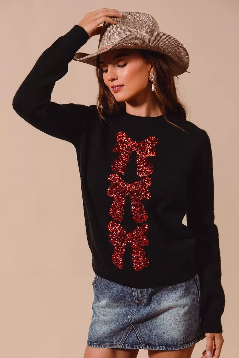 SO ME Women's Christmas Sweater Black Red Sequins Bow Ribbon Embellished 32ecf3c0-d268-4a07-bbdb-39c66d5f1b67-Max-Origin Trendsi