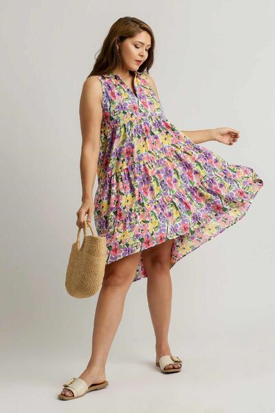 Umgee Floral Tiered Dress V Neck Sleeveless High-Low Hem Ruffle Violet 32f78da1-53e0-41f3-af57-a198954cec46-Min Trendsi