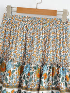 Women Floral Bohemian Outfits Strap Crop Tops Drawstring Mini Skirts Summer 2 Pcs