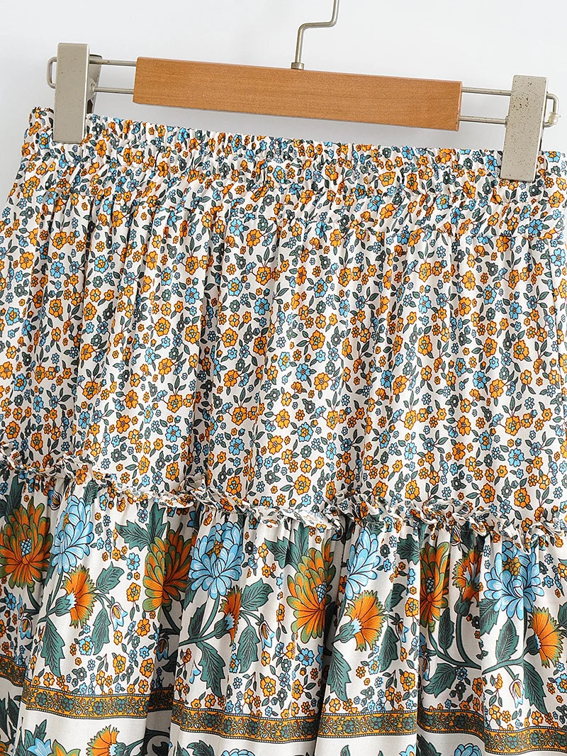 Women Floral Bohemian Outfits Strap Crop Tops Drawstring Mini Skirts Summer 2 Pcs