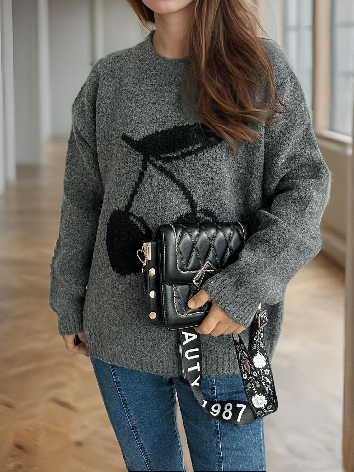 Cherry Sweater Round Neck Long Sleeve Casual Basic Knitwear 33055c0d-8365-4407-8558-8c012a3a71fd-Max Trendsi