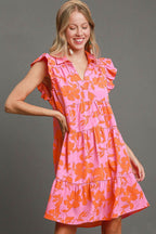 Umgee Mini Dress Floral Pink Orange Print Ruffle Cap Short Sleeve Tiered PINK ORANGE 3305df7f-1c4d-40be-9ebc-ed22f740248c-Max Trendsi