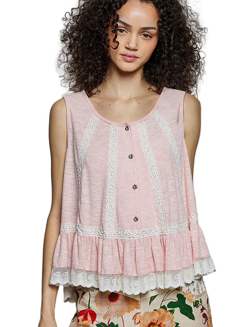 POL Lace Trim Ruffle Hem Button Detail Round Neck Sleeveless Top